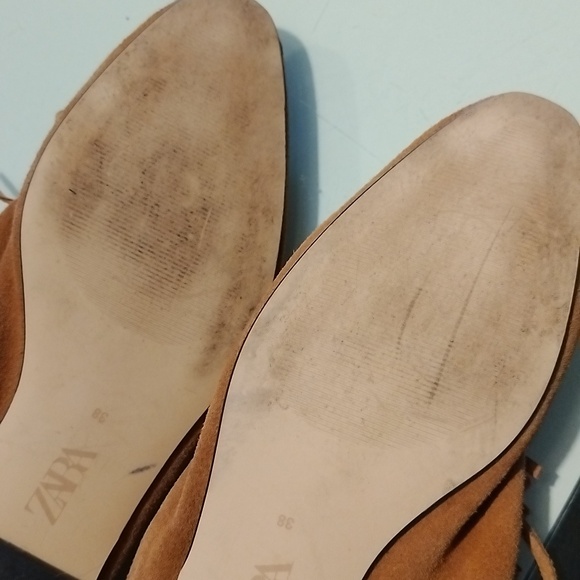 ZARA 100% Suede Leather Tan Moccasin Tassels Loafers Size 8 - Picture 11 of 12